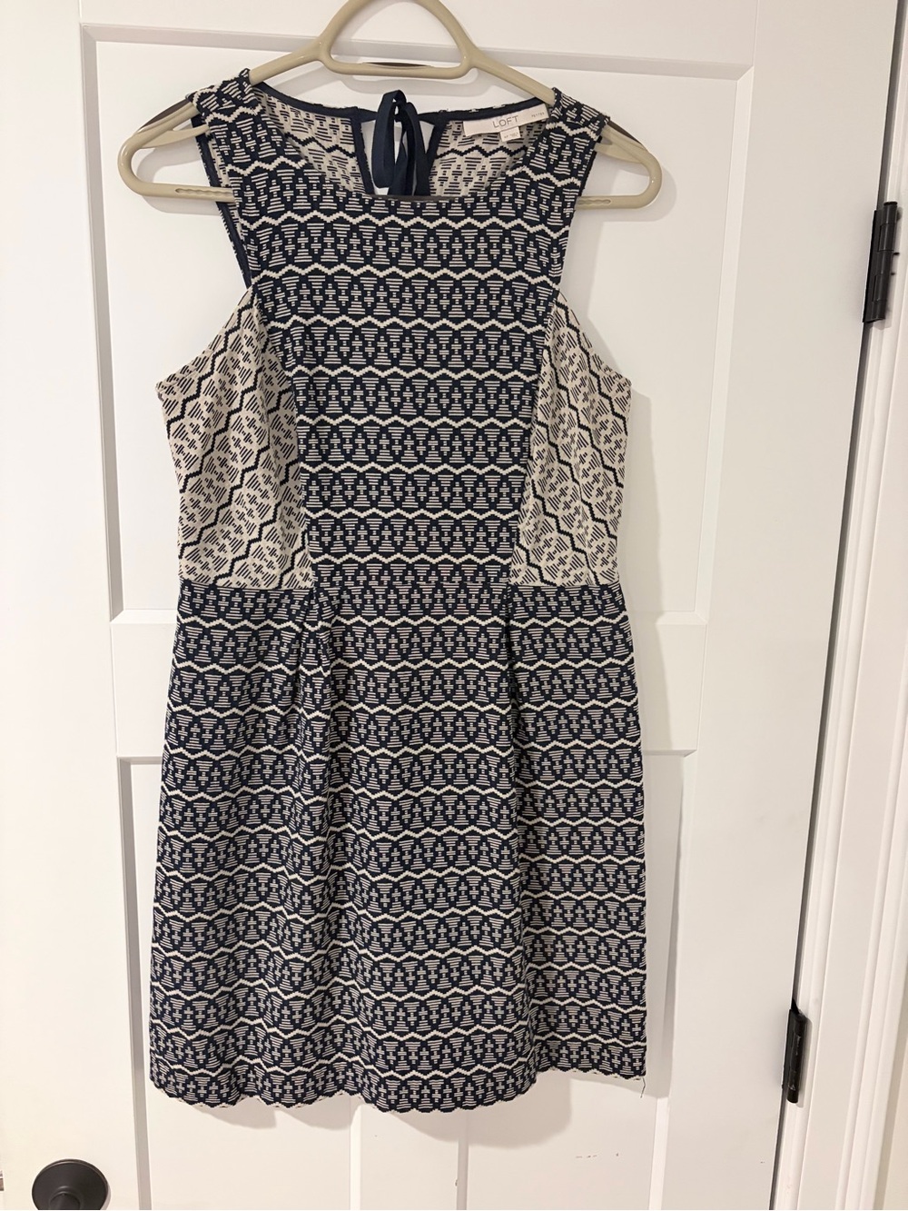 LOFT Navy and White Geometric Sleeveless Fit-and-Flare Dress